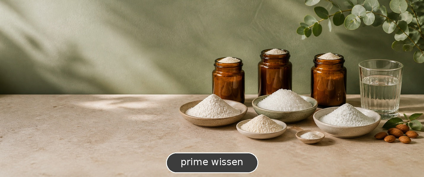 Verschiedene helle Mineralpulver in Schalen neben Wasser und grünen Blättern