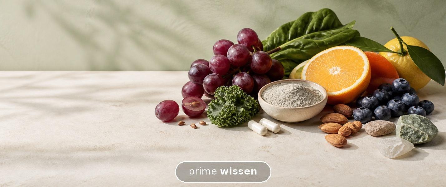Obst, Gemüse, Trauben, Mineralien und Kapseln als Sinnbild für ein Multivitamin