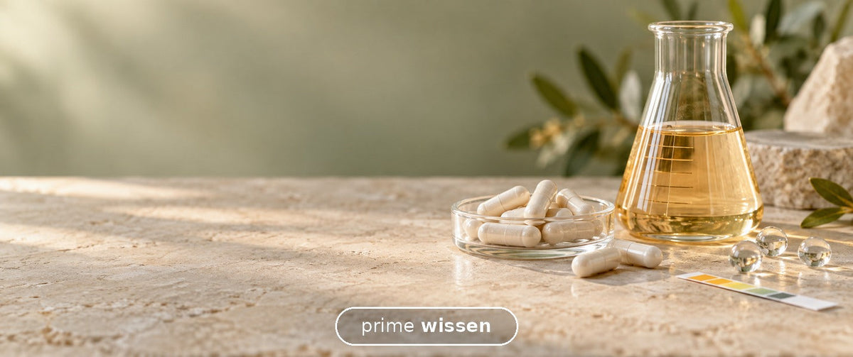 Neutrale Kapseln neben einem Glasgefäß und einem pH-Teststreifen