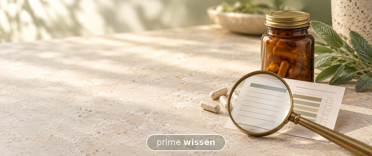 Lupe über einer abstrakten Nährwerttabelle neben neutralen Kapseln